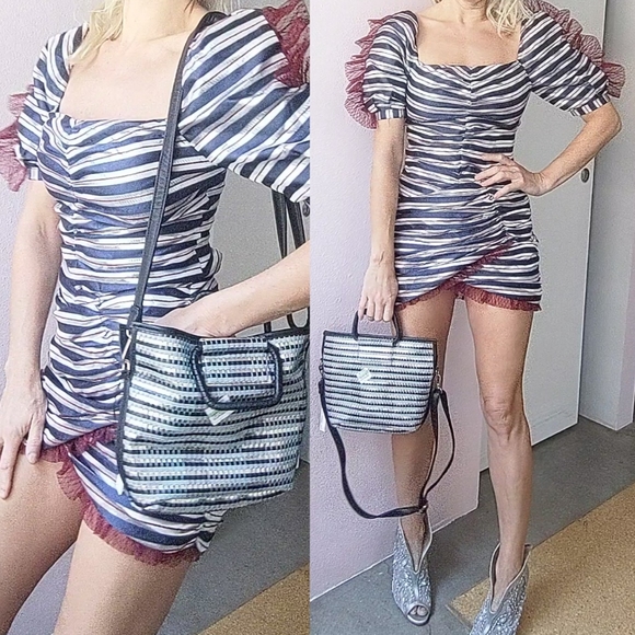 Nwt Delphine metallic suiting silver pinstriped sheer tip sleeve skirt set 4 - Picture 9 of 9